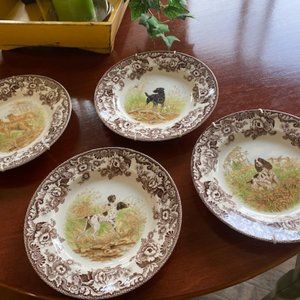 Set of 4 Spode Woodland Hunting dog Dinner Plates 10.5 Inch